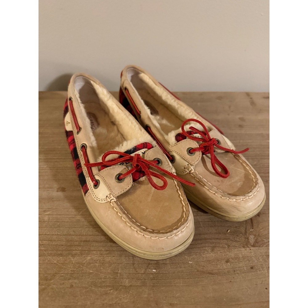 Sperry Top-Sider Womens‎ Boat Shoes Tan Leather Buffalo Plaid Faux Fur Lined 9